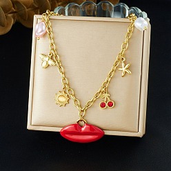 Золотой 304 Женские ожерелья-нагрудники из нержавеющей стали с пластиковыми вставками, красные губы, золотые, 16.02 дюйм (40.7 см)