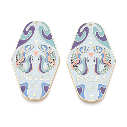 Рыбы Подвески из сплава с покрытием стойки и эмали, ромб и двенадцать созвездий, золотой свет, Рыбы, 63x35x1 мм, отверстие : 1.6 мм