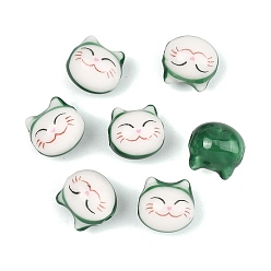 Green Handmade Porcelain Beads, Cat Shape, Green, 9x9.5x8~8.5mm, Hole: 1.8~2mm
