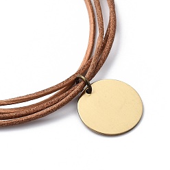 Coconut Brown Personalized Dual-use Items, Cowhide Leather Two Loops Wrap Bracelets or Necklaces, with Antique Bronze Plated Brass Stamping Blank Tag Pendants and Lobster Claw Clasps, Flat Round, Coconut Brown, 16.34 inch(41.5cm)