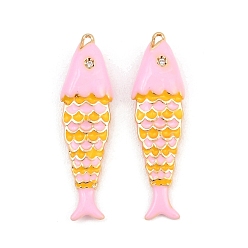 Pink Brass Enamel Pendants, Fish Charms, with Rhinestone, Real 18K Gold Plated, Pink, 29x8x4.5mm, Hole: 0.8mm