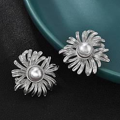 Платина Серьги-гвоздики из латуни, АБС-пластика, искусственный жемчуг, цветок, долговечный, без свинца и без кадмия, платина, 26.5x26 мм