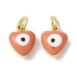 Легкий Лосось Латунь эмаль прелести, с целью перехода в кольце, без свинца и без кадмия, реальный 18 k позолоченный, сердце с оберегом от сглаза, светлый померанцевый, 9x7x4.5 мм, отверстие : 2.2 мм