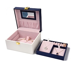 Medium Blue PU Leather Jewelry Organizer Box, with Paper Inside Box & Mirror, Portable Jewelry Storage Case, for Ring, Earrings and Necklace, Rectangle, Medium Blue, 17.7x16x10.7cm 