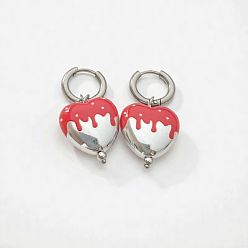 Red Gothic Melt Drip Enamel Heart Dangle Hoops, 304 Stainless Steel Hoop Earrings, Stainless Steel Color, Red, 37x18mm