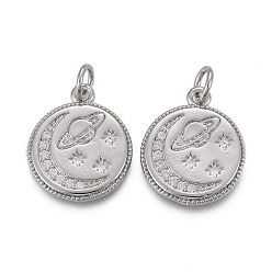 Платинированный Латунные микропаве прозрачные подвески с фианитом, с прыжковых колец, долговечный, плоский круг и планета, звезда и луна, Реальная платина, 16.5x14x2 мм, отверстие : 3 мм