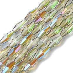 Бледно-Зеленый Прозрачные стеклянные бусины гальваническим пряди, с половиным покрытием цвета радуги, граненые, двухконусные, бледно-зеленый, 8x4 мм, отверстие : 0.8 мм, около 63~66 шт / нитка, 20.47~21.26 дюйм (52~54 см)