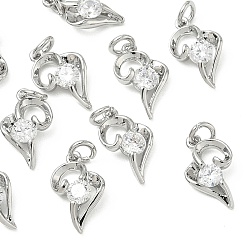 Real Platinum Plated SHEGRACE Brass Micro Pave Cubic Zirconia Pendants, Cadmium Free & Nickel Free & Lead Free, Heart Charms, Clear, Real Platinum Plated, 12.5x7.5x2.5mm, Hole: 2.5mm