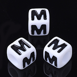 Letter M Acrylic Horizontal Hole Letter Beads, Cube, Letter M, White, Size: about 7mm wide, 7mm long, 7mm high, hole: 3.5mm, about 2000pcs/500g