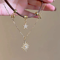 Сэнди Коричневый Цинковый сплав кристалл горный хрусталь солнечная звезда кулон искусственная кожа шнур двухслойные ожерелья для женщин, золотые, песчаный коричневый, 13.58 дюйм (34.5 см) и 14.76 дюйм (37.5 см), 2 шт / комплект