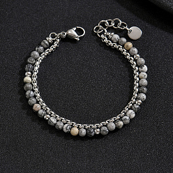 Mapa de Piedra Pulseras redondas de piedra natural con cuentas y cadenas de acero inoxidable para hombres y mujeres., color acero inoxidable, 2 pulgada (201 cm)