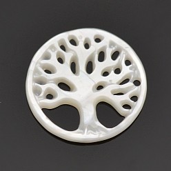Blanc Cabochons coquille, rond et plat avec un arbre, blanc, 17x1mm