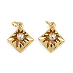 Настоящее золото 18K Латунные микропаве прозрачные подвески с фианитом, ромбовидный шарм, с целью перехода в кольце, стойки покрытие, долговечный, без свинца и без кадмия, реальный 18 k позолоченный, 15.5x13x3.5 мм, отверстие : 3 мм