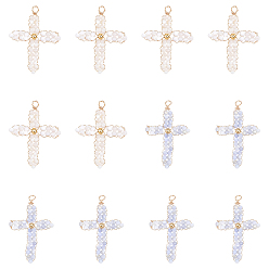 (52) Непрозрачная лаванда 12 шт 2 цвета натуральные пресноводные ракушки круглые бусины плетеные подвески, с экологически чистой медной проволокой светло-золотистого цвета, обернутой, окрашенные, крест очарование, разноцветные, 35~36x22x3 мм, отверстие : 3 мм, 6 шт / цвет