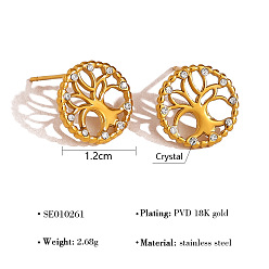 Tree of Life 304 Stainless Steel Rhinestone Stud Earrings, Golden, Tree of Life, 12x12mm