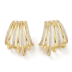 Настоящее золото 18K Серьги-гвоздики с полым веером, покрытые латунью, кубическим цирконием, для женщин, долговечный, без свинца и без кадмия, реальный 18 k позолоченный, 16.5x26x21 мм, штифты : 0.8 мм