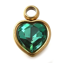 Изумруд 304 из нержавеющей стали с горный хрусталь подвески, ионное покрытие (ip), сердце, изумруд, 9.5x6.5x4.5 мм, отверстие : 1.6 мм