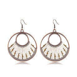 Red Copper Alloy Dangle Earrings, with Wood Beads and Metallic Thread, Flat Round, Red Copper, 76x54mm