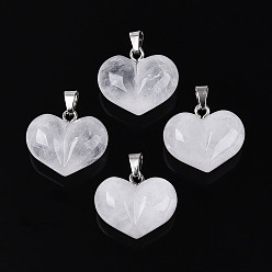 Хрусталь Массивные подвески в форме сердца из натурального кварцевого кристалла, с 304 защелкой из нержавеющей стали на поручнях, цвет нержавеющей стали, 17~18x20~20.5x11~12 мм, отверстие : 5.5~6x2.5~3.5 мм