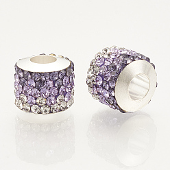 Violet Polymer Clay Rhinestone European Beads, Large Hole Beads, with Platinum Tone Brass Single Cores, Column, Violet, 10x11~12mm, Hole: 4.5mm