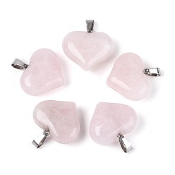 Розовый Кварц Природного розового кварца подвески, Подвески в форме сердца с железными защелками., платина, 21.5~22x25~25.5x10.5~11 мм, отверстие : 7.5x3.5 мм