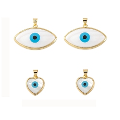 White 4Pcs 2 Style Natural River Shell Pendants, with Jump Rings and Golden Plated Brass Findings, Heart & Evil Eye, White, 16~20x14~32.5x4~5mm, Hole: 3mm, 2pcs/style