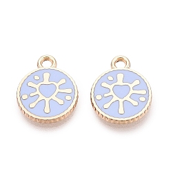 Cornflower Blue Alloy Enamel Pendants, Rack Plating, Flat Round & Heart Charms, Golden, Cornflower Blue, 13.5x11x1.5mm, Hole: 1.6mm