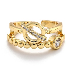 Real 18K Gold Plated Brass Micro Pave Clear Cubic Zirconia Cuff Rings, Open Rings, Toggle Clasp Shape, Real 18K Gold Plated, US Size 6, Inner Diameter: 17mm