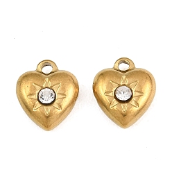 Real 18K Gold Plated 304 Stainless Steel Charms, with Crystal Rhinestone, Heart Charms, Ion Plating(IP), Real 18K Gold Plated, 9x8x4mm, Hole: 1.4mm