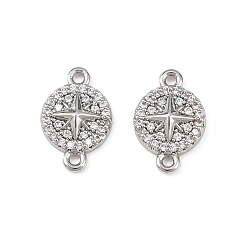 Платина Шармы-соединители из латуни с микропаве из прозрачного кубического циркония, плоский круглый со звездочками, платина, 11.5x7.5x2.5 мм, отверстие : 1 мм