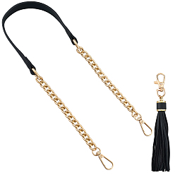 Black 1Pc PU Leather Bag Chains Straps, with Alloy Swivel Clasps, for Bag Replacement Accessories, with 1Pc PU Leather Tassel Pendants, Light Gold, Black, 600x20x9mm
