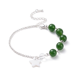 Malaysia Jade Natural Malaysia Jade(Dyed) Beaded Bracelet with 304 Stainless Steel Rolo Chains, Shell Star Charm Bracelet for Women, Silver, 7-3/8 inch(18.8cm)