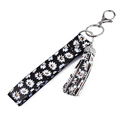 Black PU Leather Tassel Keychain, with Rhinestone, Plastic, Alloy Lobster Claw Clasps and Iron Split Key Rings, Flower Pattern, Platinum, Black, 22.7cm