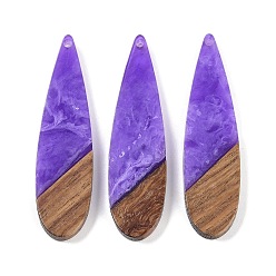 Сине-фиолетовый Большие подвески из смолы и дерева, слезинки, синий фиолетовый, 52.5x14x3 мм, отверстие : 1.8 мм