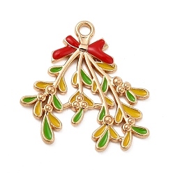 Colorful Rack Plating Alloy Enamel Pendants, Bowknot with Leafy Branch Charms, Colorful, 30x29x2mm, Hole: 2mm