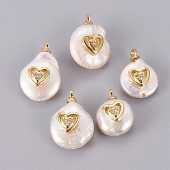 Gold Natural Cultured Freshwater Pearl Pendants, with Brass Micro Pave Cubic Zirconia Cabochons, Long-Lasting Plated, Nuggets with Heart, Real 18K Gold Plated, 14~18x10.5~13x7~9mm, Hole: 1.5mm