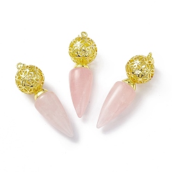 Розовый Кварц Естественно розового кварца большие кулоны, конические подвески со стойкой, покрытые латунным полым шариком, золотые, без кадмия и без свинца, 57~58x17.5~18 мм, отверстие : 8x5 мм