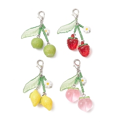 (52) Непрозрачная лаванда 4шт. 4 стили: подвески из стеклянного бисера и смолы, с цинковым сплавом застежками омаров коготь, фрукты и цветы, платина, разноцветные, 60~70 мм, 1 шт / стиль