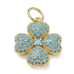 Deep Sky Blue Brass Micro Pave Cubic Zirconia Pendants, Clover Charms, Long-Lasting Plated, Rack Plating, Lead Free & Cadmium Free, Real 18K Gold Plated, Deep Sky Blue, 22x20x7mm, Hole: 6mm