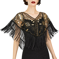 Черный Полиэстеровый наконечник, с ПВХ блестка, Аксессуары для орнаментов, кисточка, чёрные, 1090x470x6 мм