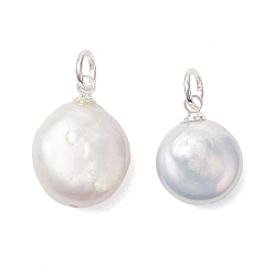 Серебро Подвески из натурального барочного жемчуга кеши, плоские круглые подвески из жемчужин с кристаллами, с фурнитурой из латуни и нержавеющей стали., кремово-белые, серебряные, 304 мм, Перейти кольцо: 13~16x10~12x5.5~6 мм, внутренний диаметр: 5x0.8 мм