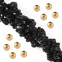 Obsidian 1 Strand Natural Obsidian Chip Beads Strands, with 50Pcs Golden Tone Brass Spacer Round Beads, 5~8x5~8mm, Hole: 1mm, about 31.5 inch
