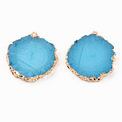 Dodger Blue Resin Pendants, with Edge Light Gold Plated Iron Loops, Flat Round, Dodger Blue, 35x31~32x4.5mm, Hole: 1.6mm