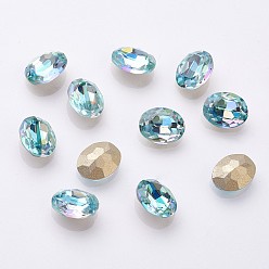 Светлый Морско-зеленый K 9 кабошоны из стеклянного страза, блестящий лазерный стиль, имитация австрийский хрусталь, задние и задние, граненые, овальные, с покрытием на задной стороне, светло-зеленый, 10x8x4 мм