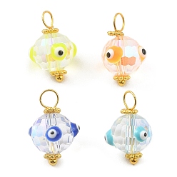 Mixed Color Glass Pendants, with Brass Loops and Alloy Daisy Spacer Beaded, Round with Evil Eye Charms, Mixed Color, 17x11x11mm, Hole: 3mm