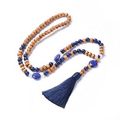 Lapis Lazuli Polyester Tassel Pendant Necklaces, with Natural Lapis Lazuli & Agate Beads and Dyed Wood Beads, 27.9~29.1 inch(71~74cm)