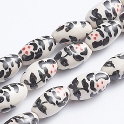 Цветок Ручной печатный шарики фарфора, овальные, цветочный узор, 14~16x8~9 мм, отверстие : 1.5~2 мм, около 23 шт / нитка, 13.5 дюйм (34 см)