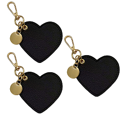 Black 3Pcs PU Leather Pendant Decorations, with Alloy Clasps, Heart & Flat Round, Light Gold, Black, 95mm