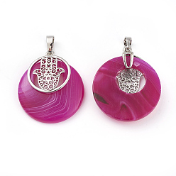 Полосатый Агат Натуральные полосатые агатовые / полосатые агатовые подвески, с латунной фурнитурой платинового цвета, плоский круглый с hamsa рука / рука fatima / рука miriam, окрашенная и подогревом, 32~32.5x28x7~7.5 мм, отверстие : 5x8 мм