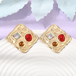 Golden 304 Stainless Steel Rhinestone Stud Earrings, Square, Resin Stud Earrings for Women, Ion Plating(IP), Golden, 40x40mm